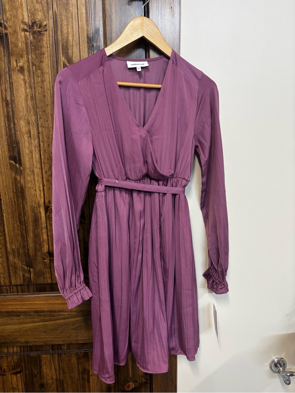 Motherhood Long-Sleeve Dusty Plum V-Neck Dress with Waist Tie